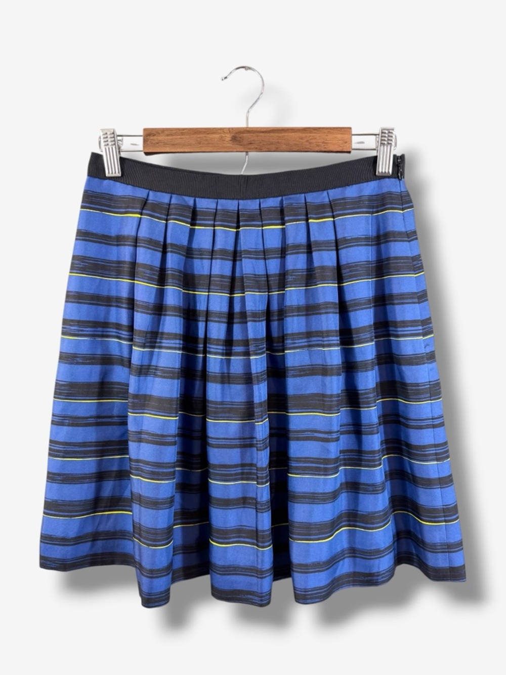 Jason Wu Blue Silk Pleated A-Line Skirt Size 8 Black Stripe Flare Preppy Spring